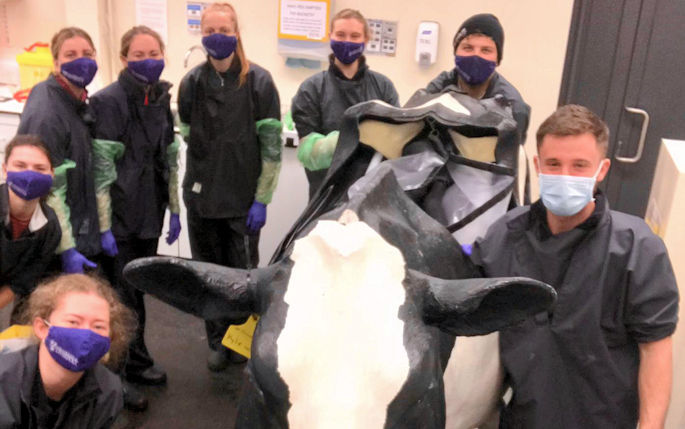 Vet students take a selfie with the model cow at Leahurst